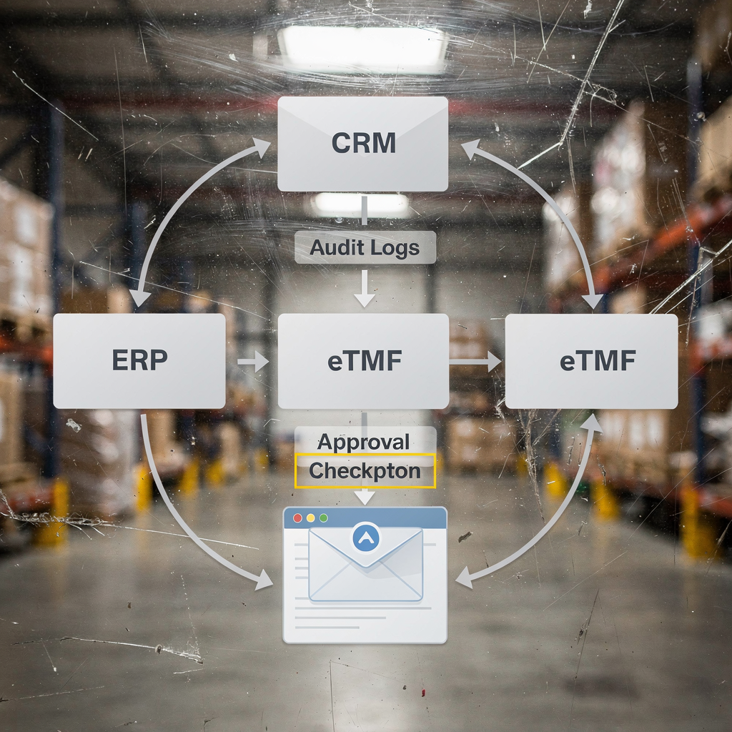 Diagram of AI integration with CRM and ERP A schematic showing AI integration: CRM, ERP, eTMF, and an email client connected by arrows; highlighted are audit logs and approval checkpoints (no text or numbers)