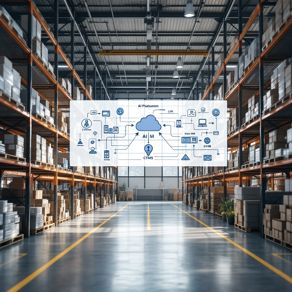 Clean diagram showing AI platform integrating with laboratory instruments, LIMS, EHR, CTMS and cloud services. Use flat icons, arrows and a simple colour palette, no text or numbers in the image