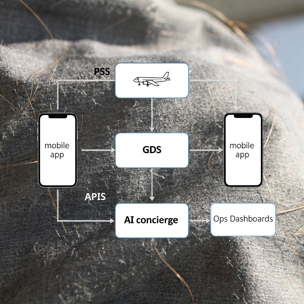 Diagrama de integraciones de API entre sistemas de aerolíneas y el conserje IA