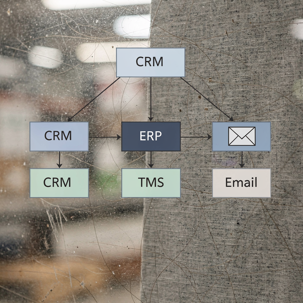 Diagramm der API‑Integrationen, die CRM, ERP, TMS und E‑Mail‑Ereignisse verbinden