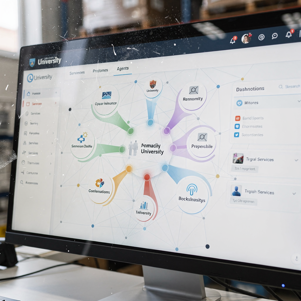 Diagramm autonomer Agenten, die Campus‑Aufgaben koordinieren Diagramm autonomer Agenten, die Campus‑Aufgaben koordinieren