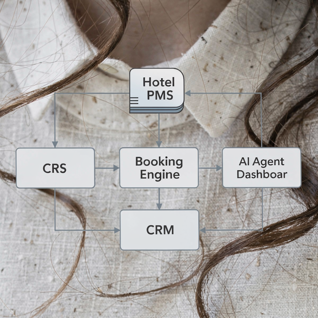 A simplified system diagram showing connections between a hotel PMS, CRS, booking engines, CRM, and an AI agent dashboard, clean vector style, neutral colors