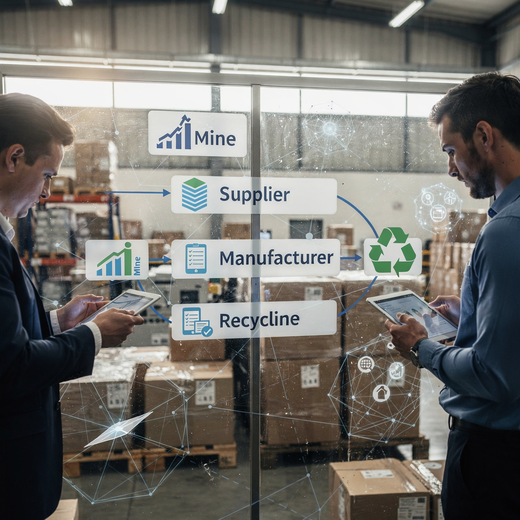 Digitale workflow die mijn, leverancier, fabrikant en recyclingfaciliteit verbindt