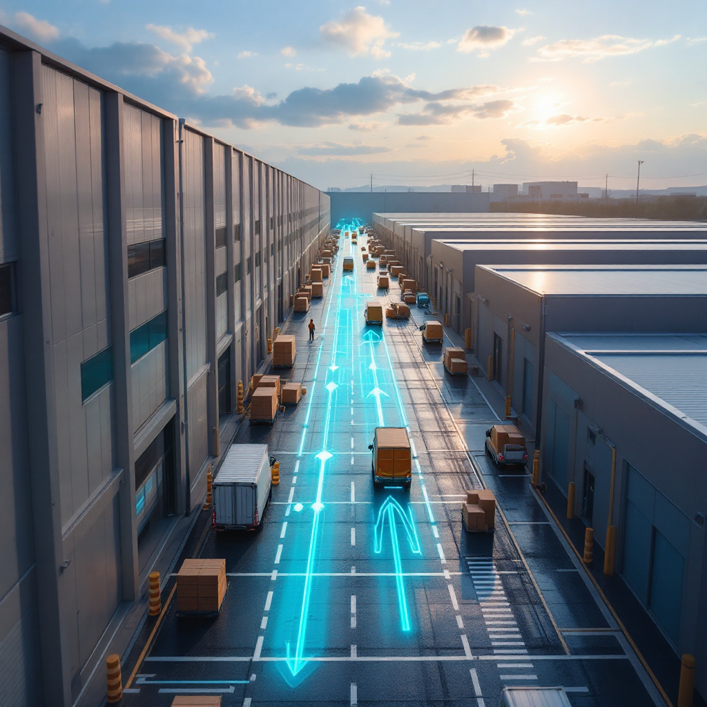 Distribution center with delivery vans and route overlays Distribution center with delivery vans and route overlays