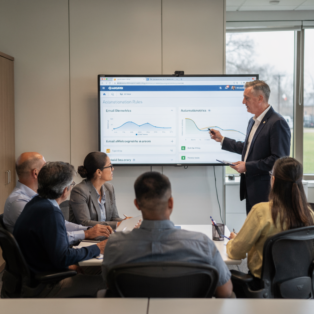 A school district IT leader presenting a dashboard of email metrics and automation rules to a small group of school leaders in a meeting room, modern office style, realistic