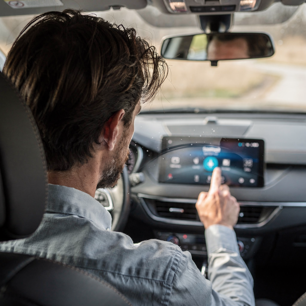 Bestuurder die een stemassistent in de auto gebruikt