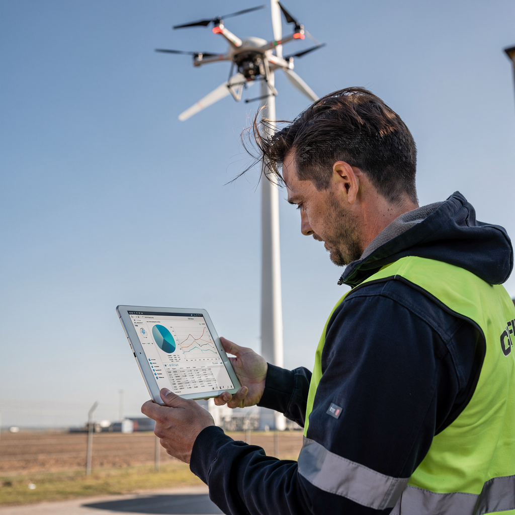 Technician with tablet reviewing turbine data while a drone inspects turbine blades, clear sky, no text or numbers