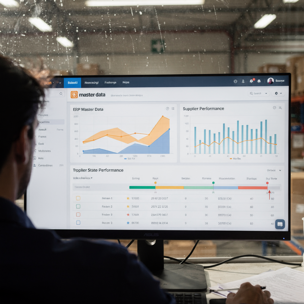 ERP and supplier dashboard combining master data and performance metrics A clean interface showing a live dashboard that merges ERP master data with supplier performance charts and order timelines, viewed by a buyer