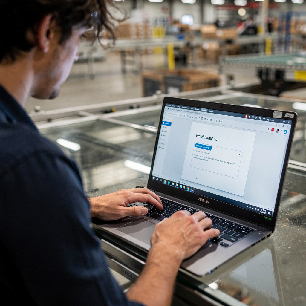 A close-up of a user editing email templates on a laptop with a factory floor visible in the background, natural light, no text