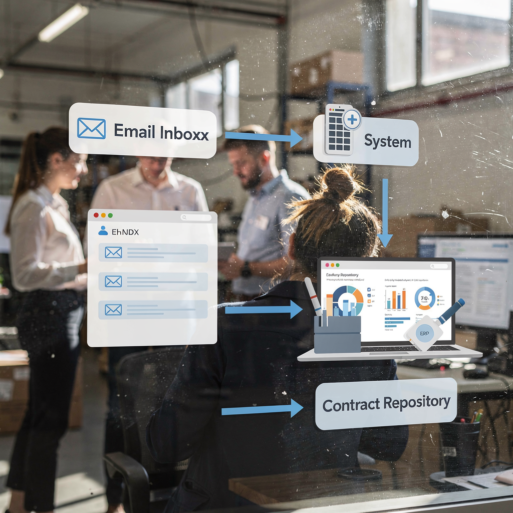 A layered diagram-style photo showing integration between email inbox, ERP system, and contract repository with arrows indicating data flow; people in the background reviewing a dashboard. No text or numbers in the image.