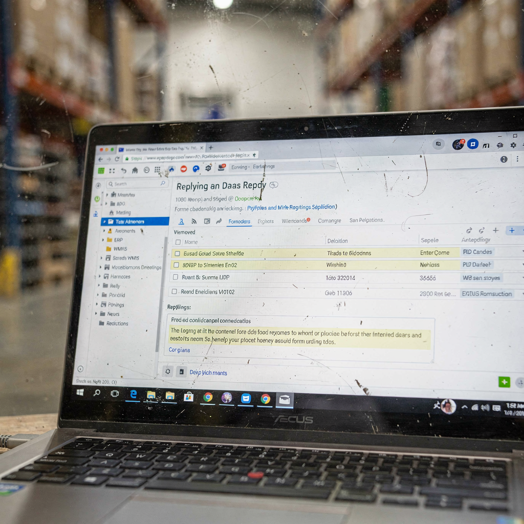 Email client draft with ERP and WMS data fields Close-up of an email client on a laptop screen showing a drafted reply with highlighted data fields pulled from ERP and WMS, with a warehouse scene blurred in the background