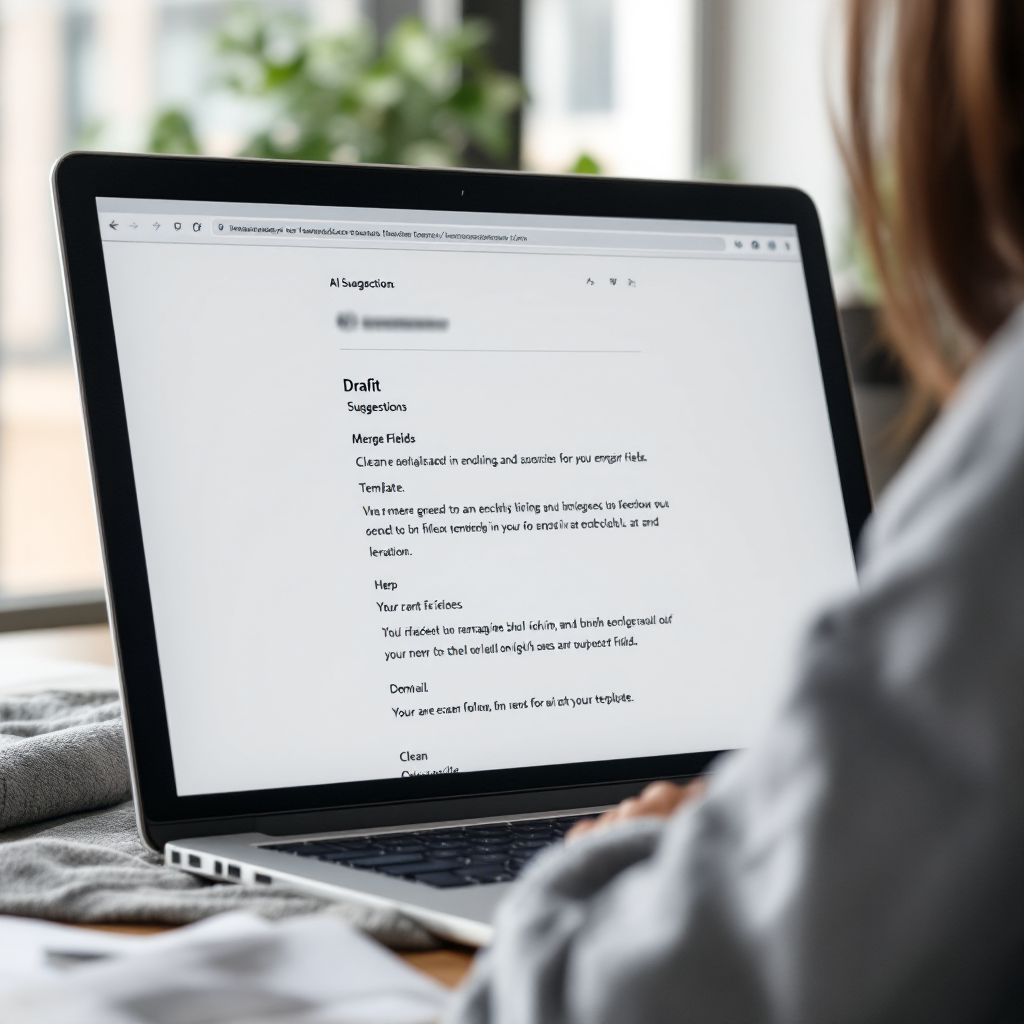 Close-up of a laptop screen showing an email draft with AI suggestions, merge fields and a clean template layout, neutral office background, no text or numbers