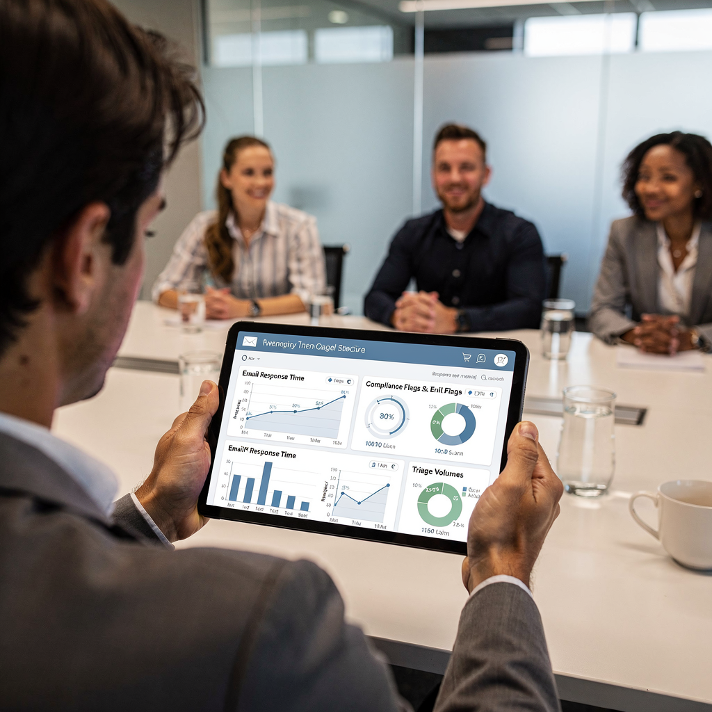 Dashboard mit Metriken zu E-Mail-Antwortzeiten und Compliance Dashboard mit Metriken zu E-Mail-Antwortzeiten und Compliance