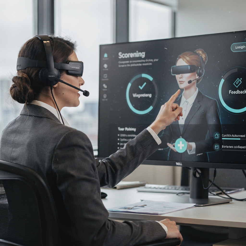 Mitarbeiter, der mit einem konversationellen Trainingsagenten übt Mitarbeiter, der mit einem konversationellen Trainingsagenten übt