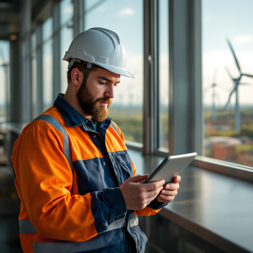 Engineer reviewing email on tablet with wind turbines in the background, clean modern style, no text