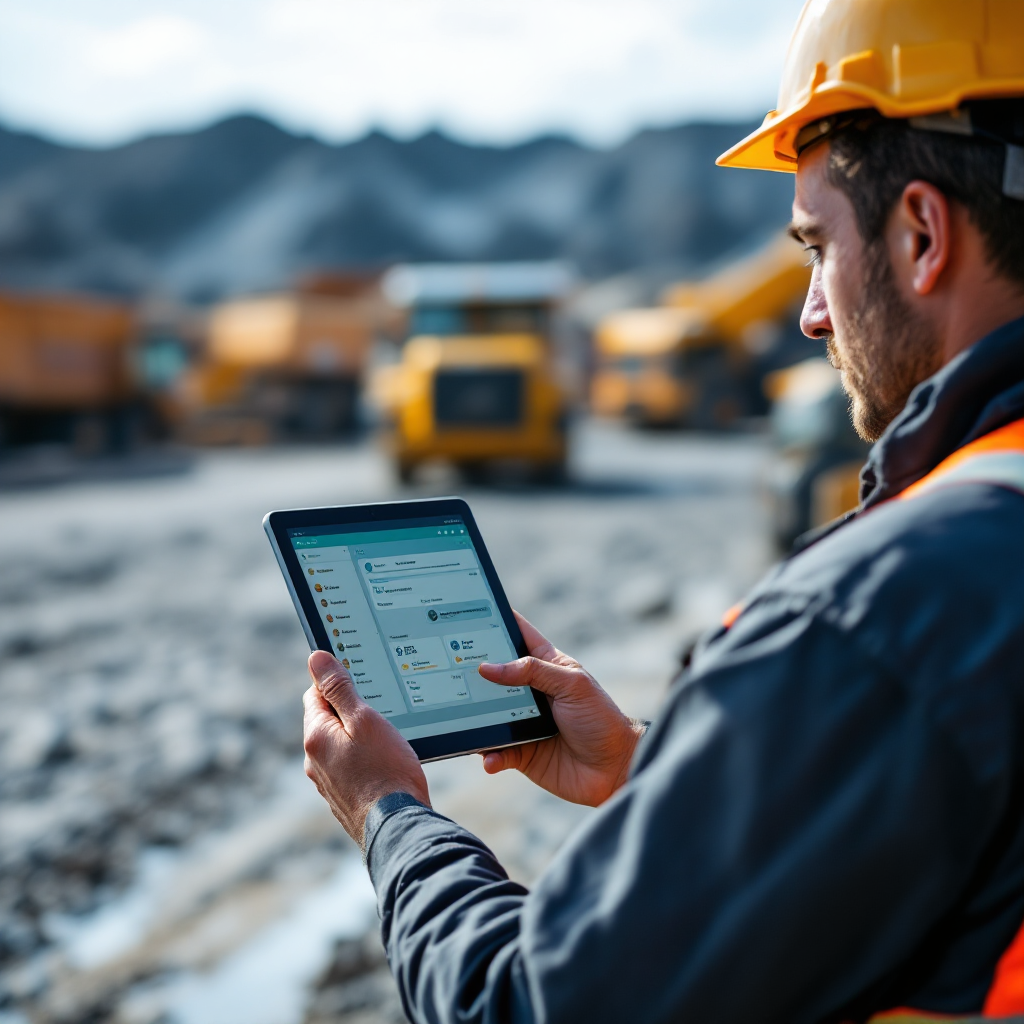 A field engineer using a tablet next to a haul truck, showing an AI copilot chat interface with task lists and sensor summaries; background shows trucks and stockpiles under a clear sky