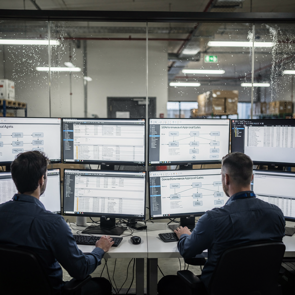 A compliance room with engineers reviewing audit logs on large monitors, showing flow diagrams of governance and approval gates for autonomous agents. No text or numbers in the image.