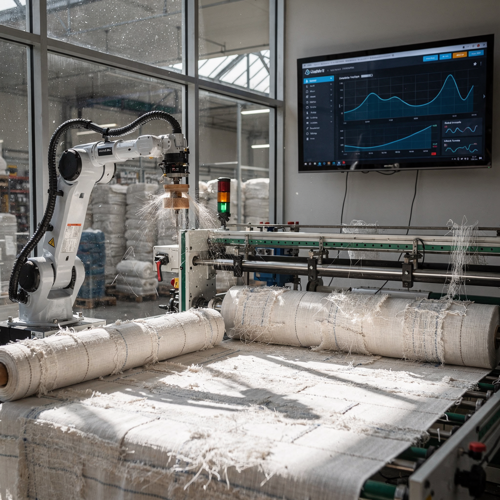 Factory floor with robotic equipment and telemetry dashboards Factory floor with robotic equipment and telemetry dashboards