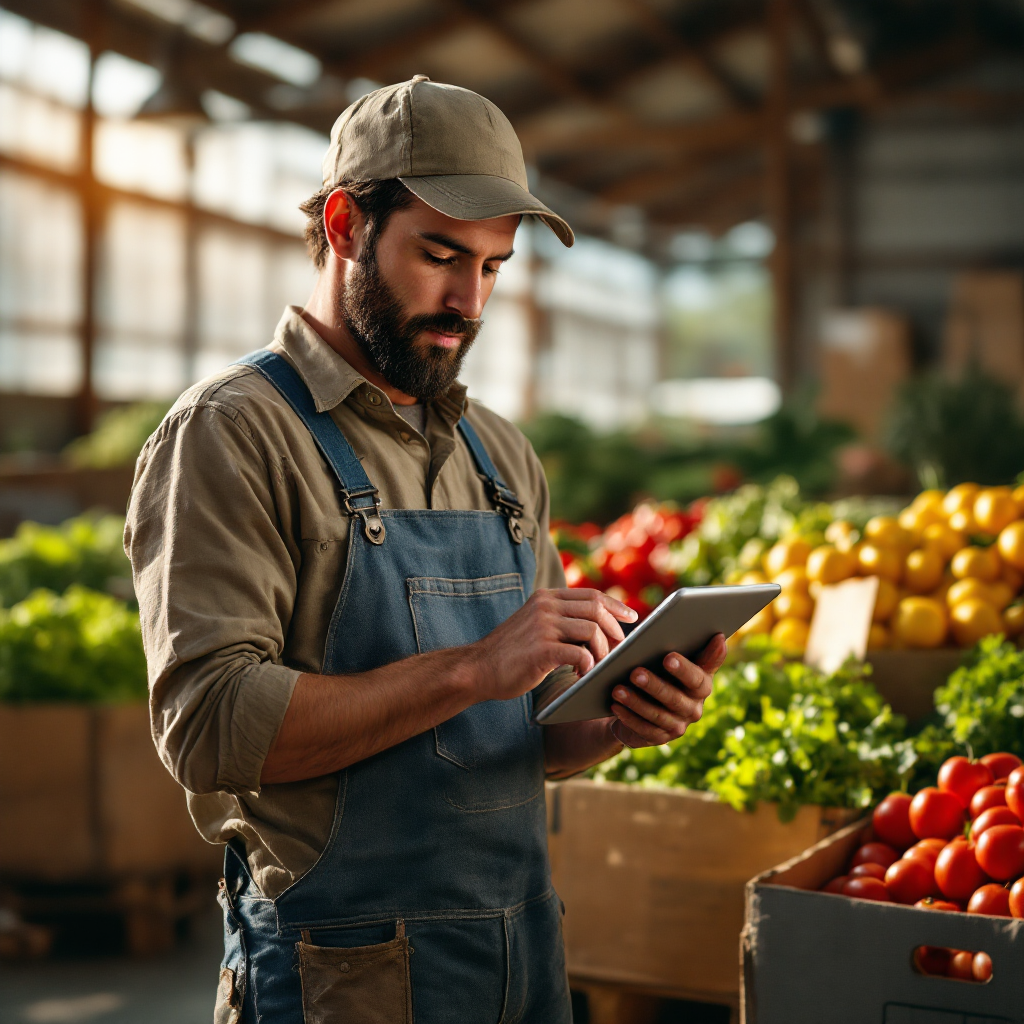 Close-up of a farmer using a tablet at a packing shed with a digital twin dashboard visible showing temperature, humidity and logistics routes, boxes of fresh produce in the background