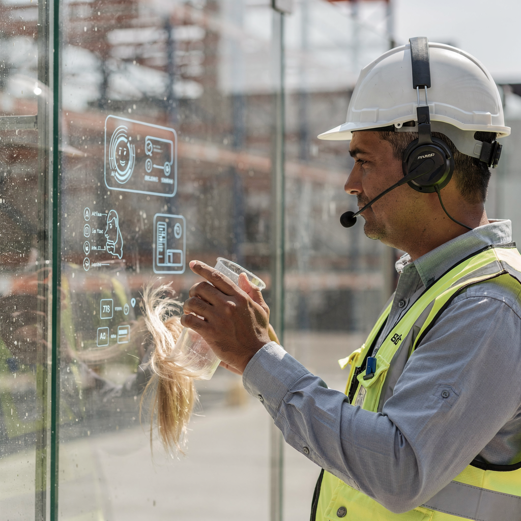 Équipe sur chantier recevant des instructions vocales et en RA d'un assistant IA