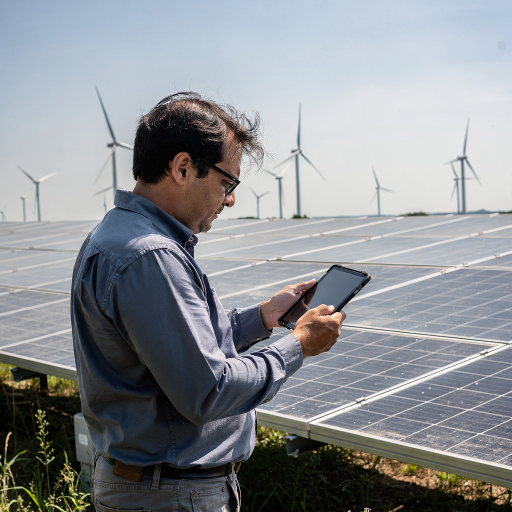 Feldtechniker mit Tablet auf einer erneuerbaren Energieanlage