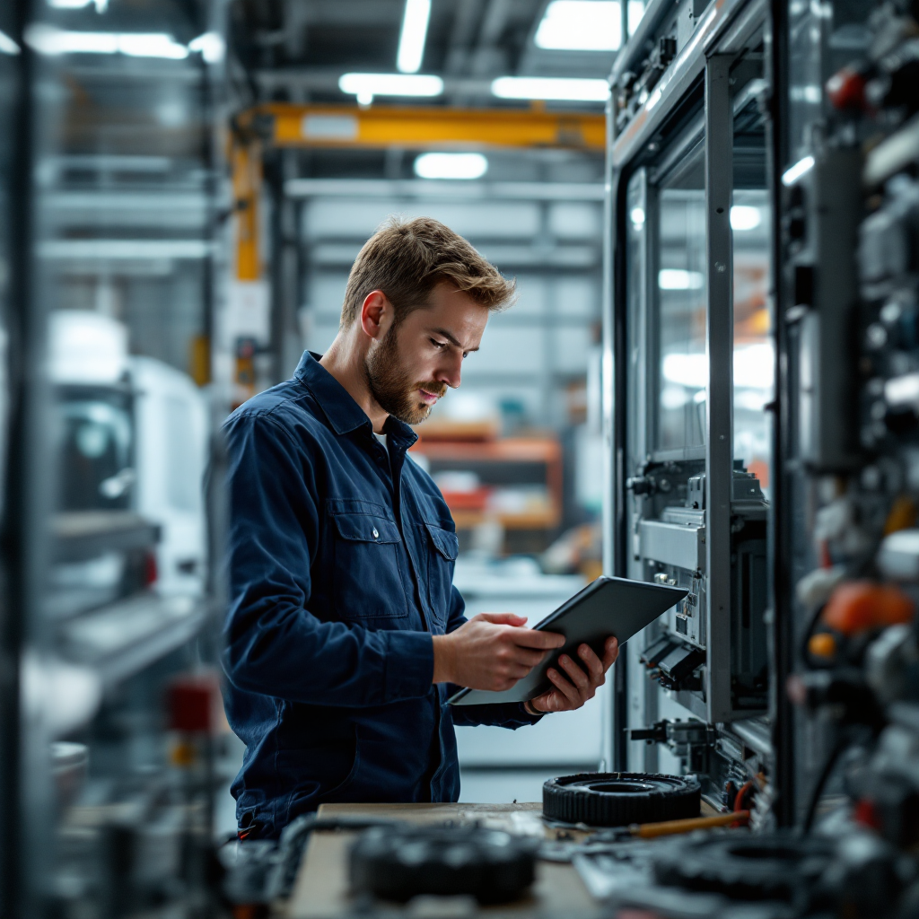 Técnico de campo usando una tableta durante la reparación de una máquina