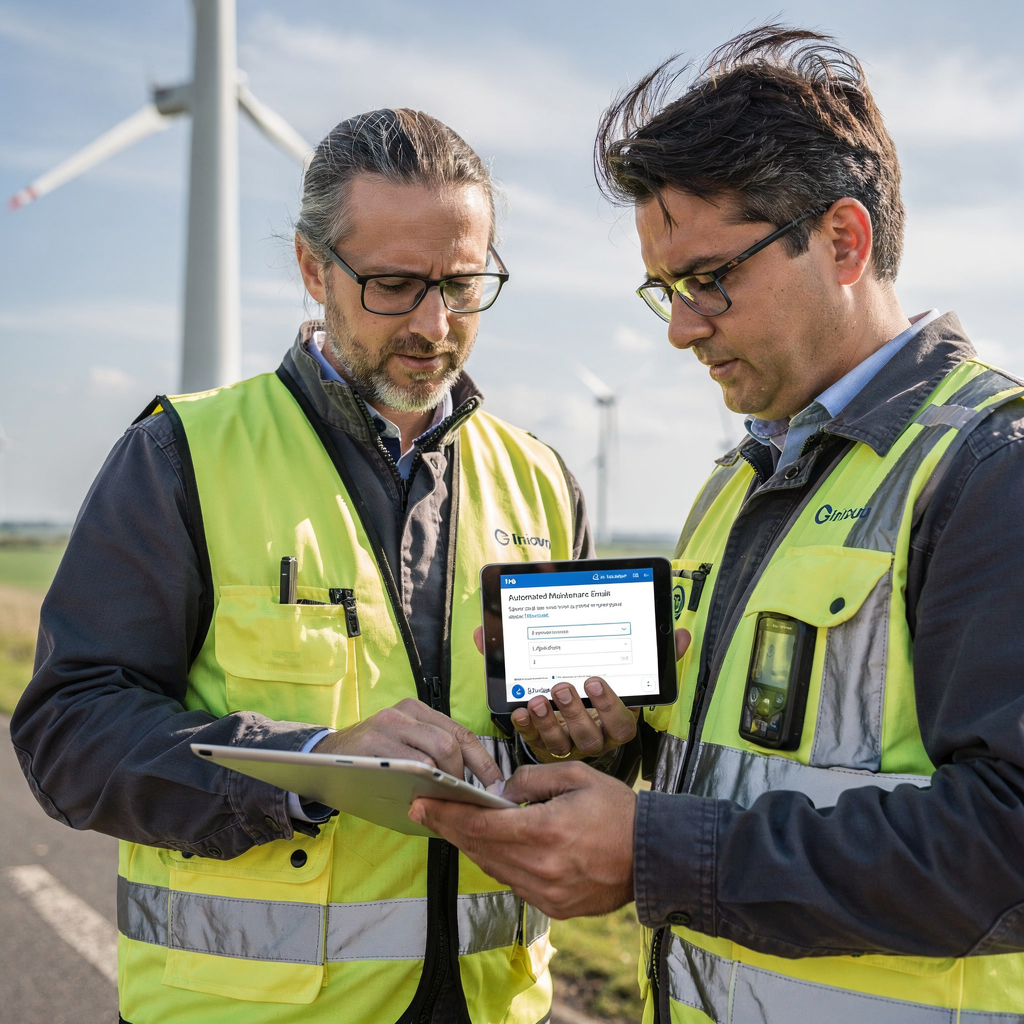 Technicians in the field using tablets to receive automated maintenance emails linked to wind turbine telemetry, showing collaborative work and hands on controls, bright outdoor setting, no text