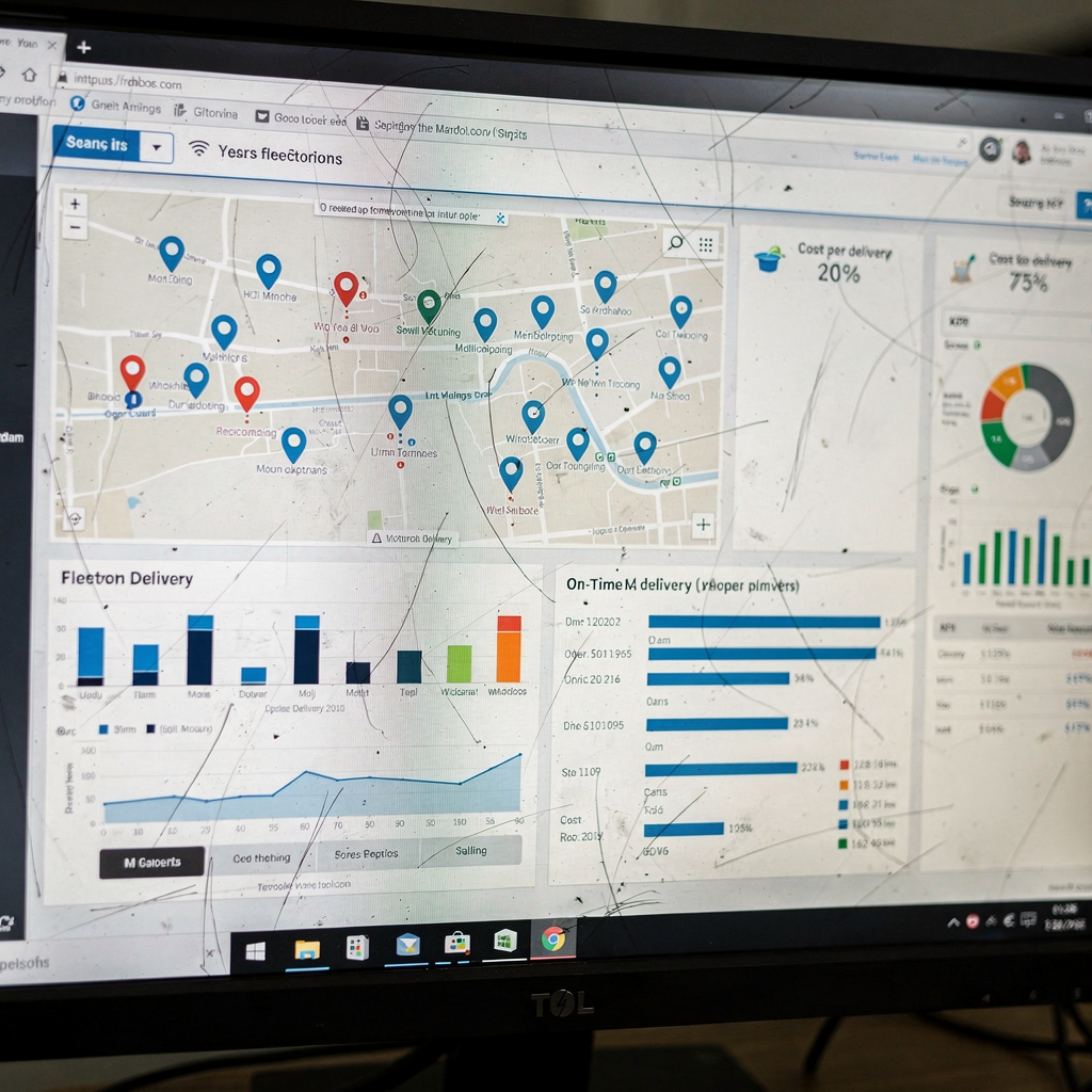 A control room dashboard showing fleet markers, KPIs like on-time delivery and cost per delivery, with interface elements and charts, no text