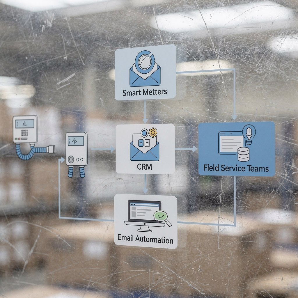 An illustrated flowchart showing email automation connecting smart meters, CRM, and field service teams; clean icons and soft colors; no text or numbers