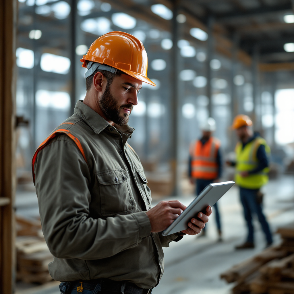 Vorarbeiter, der ein Tablet zur Koordination der Arbeiten auf der Baustelle verwendet