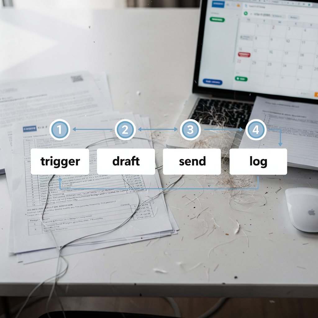 Four-step workflow diagram on a clean desktop