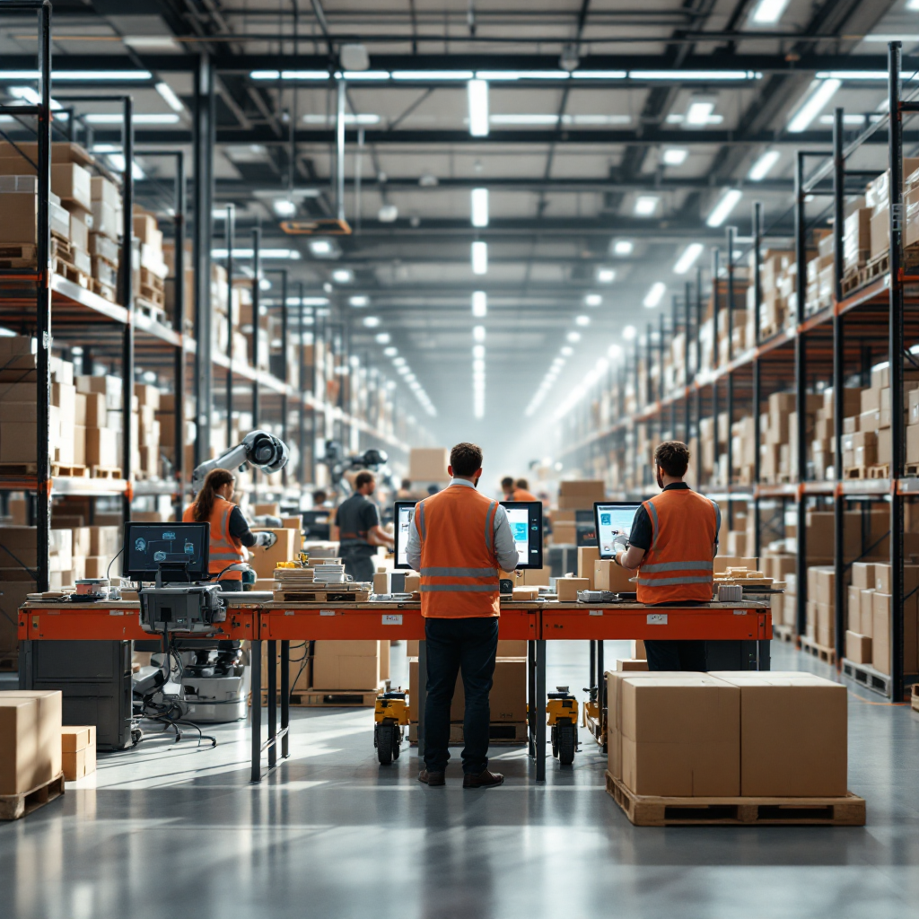 Centro de cumplimiento con robots móviles autónomos y trabajadores humanos