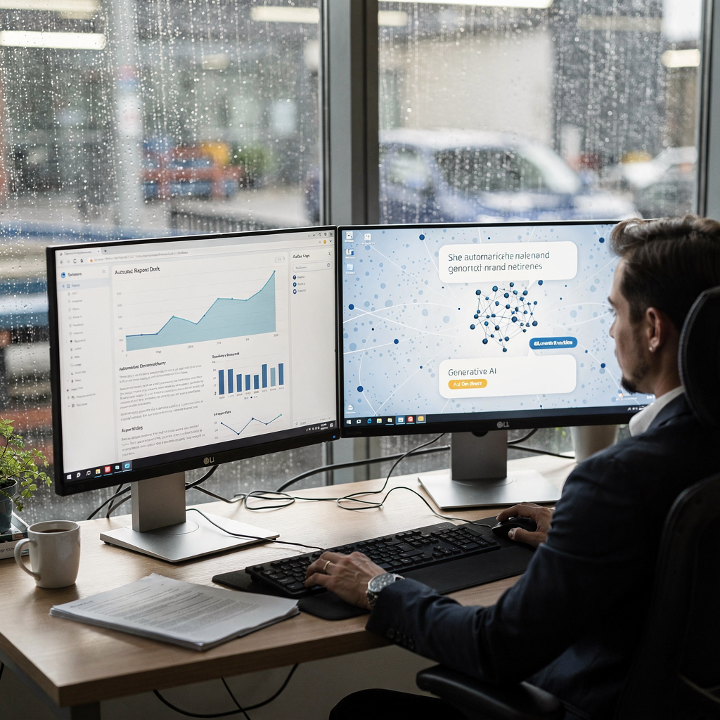 Generative AI drafting financial reports for analysts A finance analyst desk with dual monitors showing automated report drafts and a generative AI interface suggesting edits, no text or numbers in image