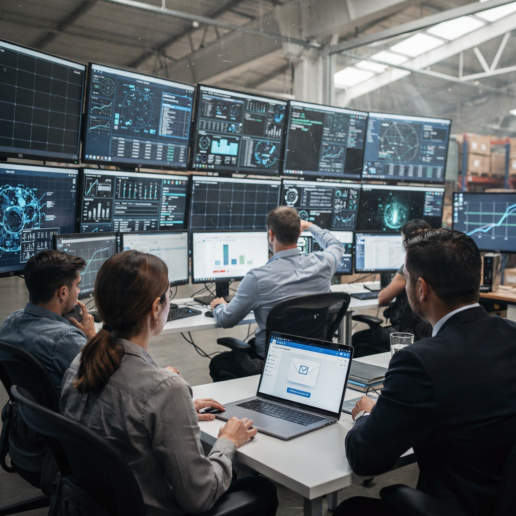 A control room with large screens showing grid telemetry, a team reviewing dashboards and a laptop with an email automation tool open, no text or numbers