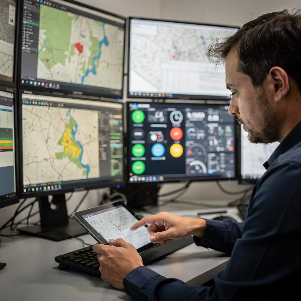 Ingenieur in einer Netzleitstelle, der eine Ausfallkarte überwacht