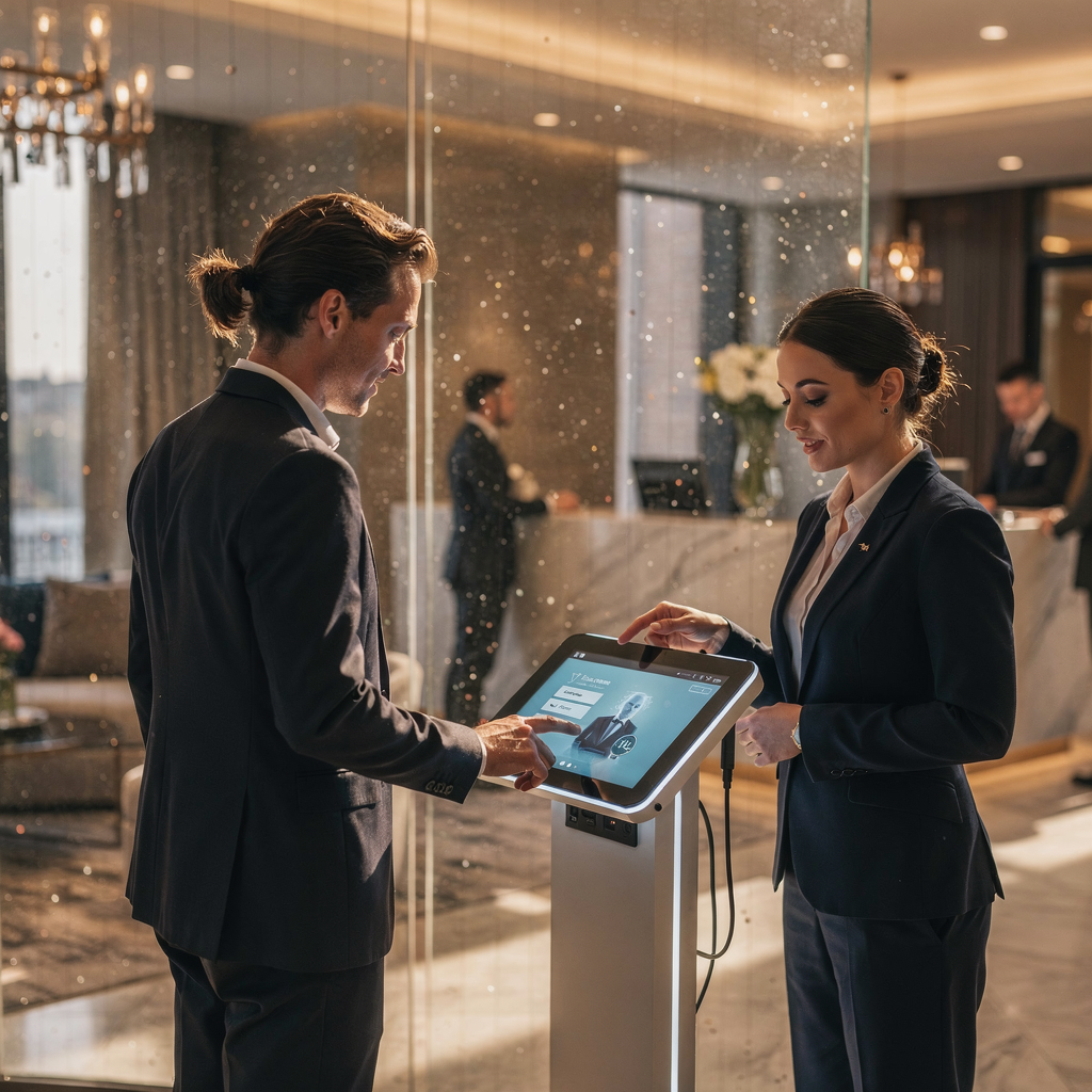 Gæst interagerer med AI‑concierge i lobbyen Gæst interagerer med AI‑concierge i lobbyen