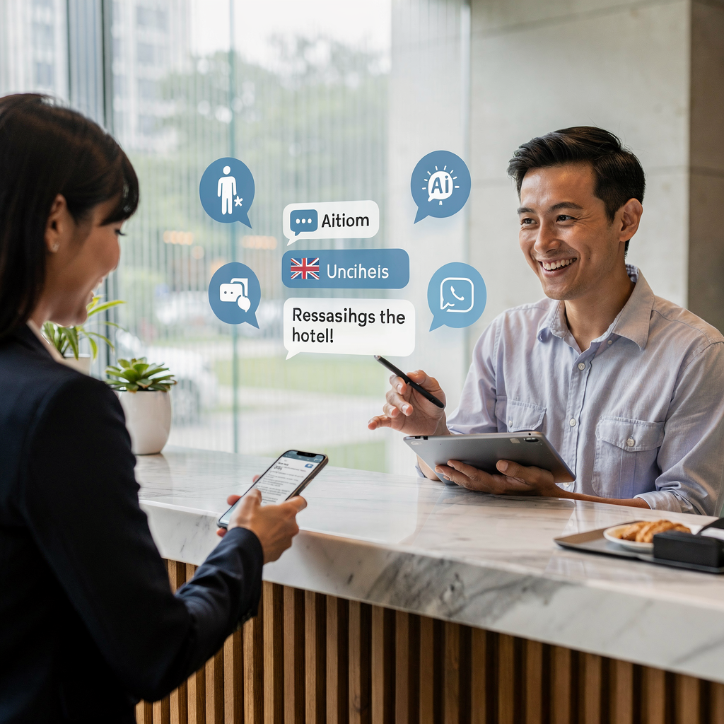 Huésped enviando mensajes al hotel en varios idiomas con asistencia de IA Huésped enviando mensajes al hotel en varios idiomas con asistencia de IA