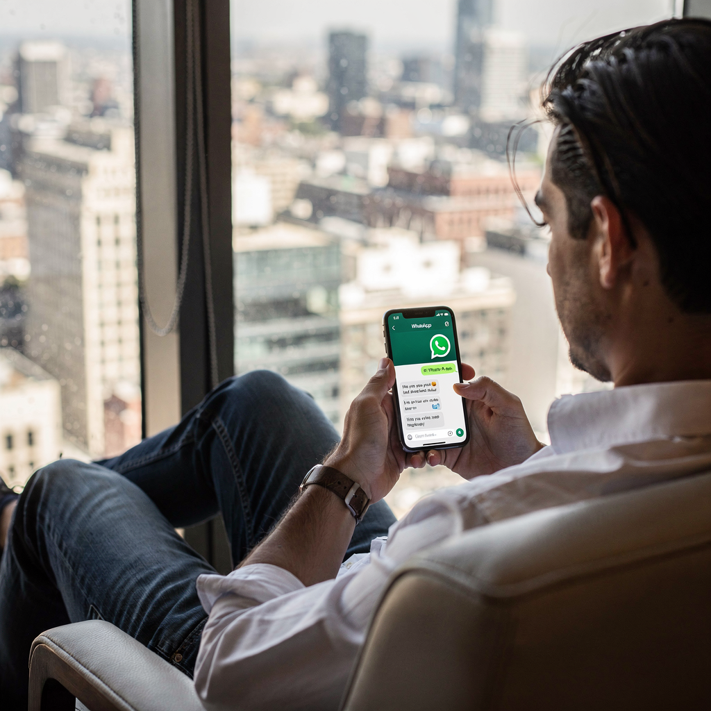 Guest messaging hotel services on smartphone via WhatsApp A hotel guest using a smartphone to message hotel services on WhatsApp while seated near a window with a city view; the scene focuses on the phone and the guest's relaxed posture, no text