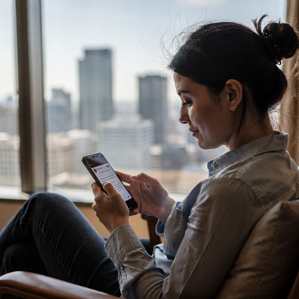 Invité lisant un e-mail de l'hôtel sur un smartphone Invité lisant un e-mail de l'hôtel sur un smartphone