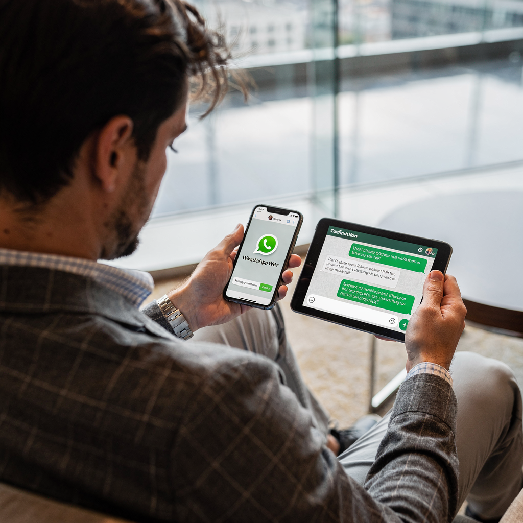 Hóspede visualizando mensagens do hotel em smartphone e tablet