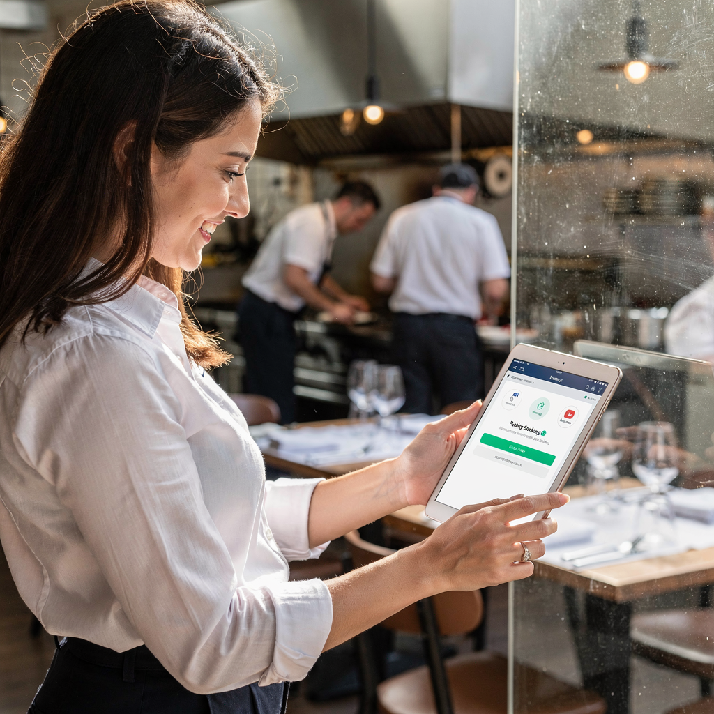 Host receiving booking notification and kitchen preparing tables A friendly restaurant host receiving a booking notification on a tablet while the kitchen staff prepares tables, showing collaborative real-time updates (no text or numbers visible)