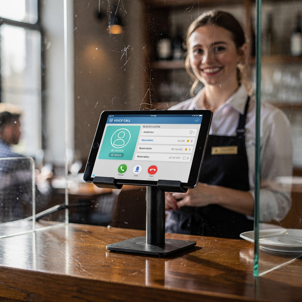 A restaurant host stand tablet showing an AI voice call interface, with reservation lists and a smiling host in the background