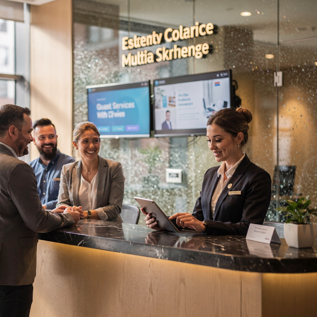 Hotelconciërge met tablet die gasten helpt