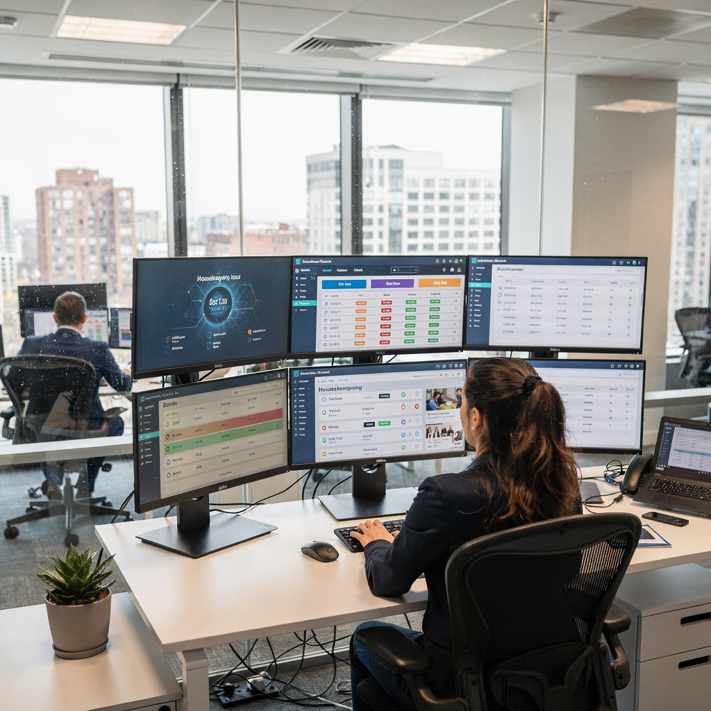 Dashboard voor hoteloperaties met AI die boekingen en schoonmaak bewaakt