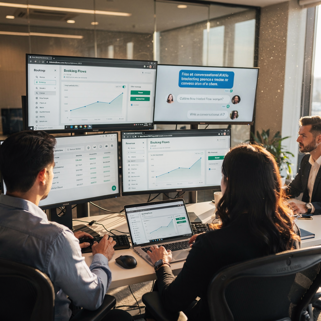 Hotel‑Operations‑Team überwacht KI‑Dashboards und Buchungsdaten