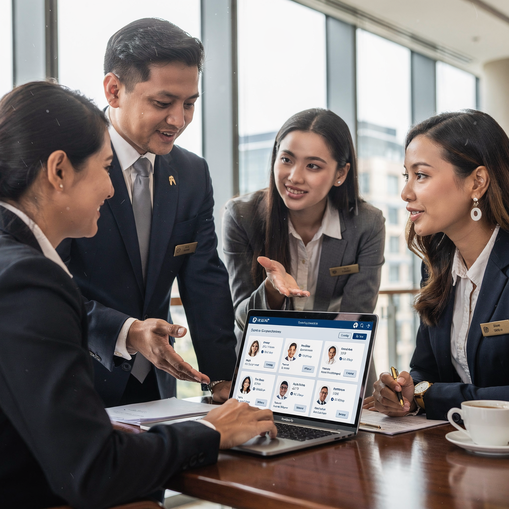 Hotel staff using AI dashboard to manage guest profiles and sales