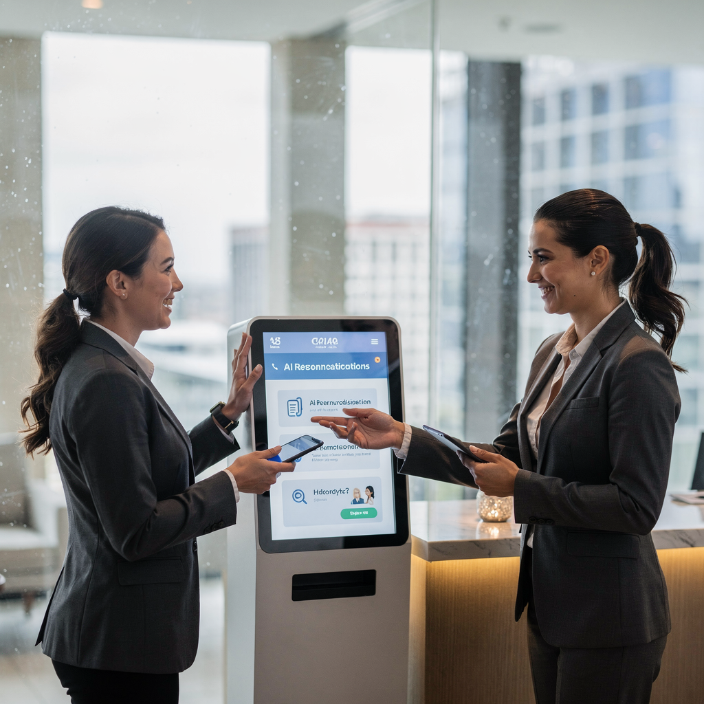 Equipe do hotel usando recomendações de IA para personalizar o atendimento ao hóspede