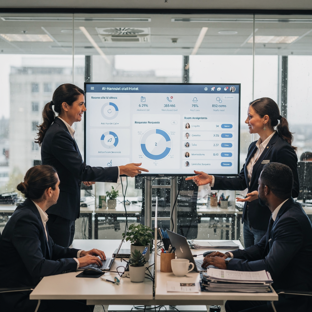 Funcionários do hotel usando painel digital para atendimento de chamadas por IA e atribuição de quartos