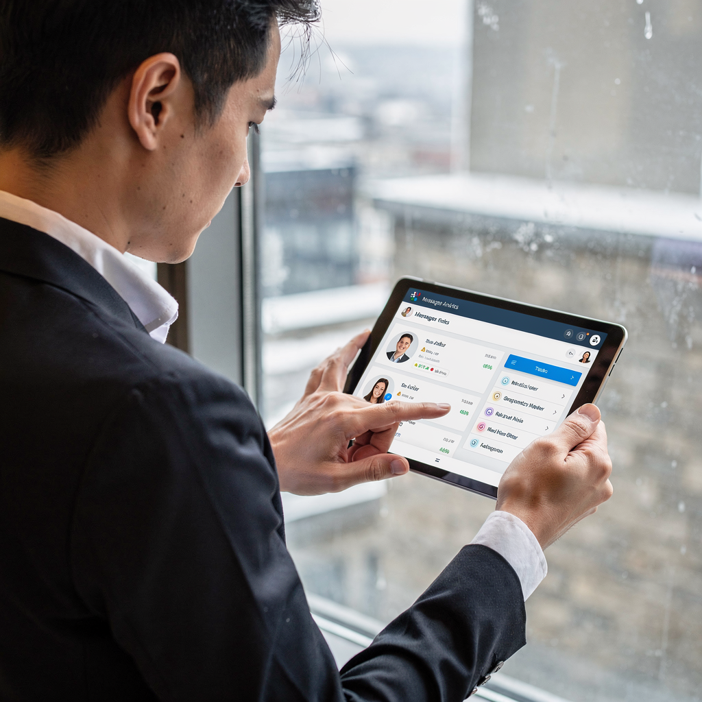 A hotel staff member using a tablet with integrated messaging and analytics dashboards showing guest profiles and task lists, modern tech interface, no text