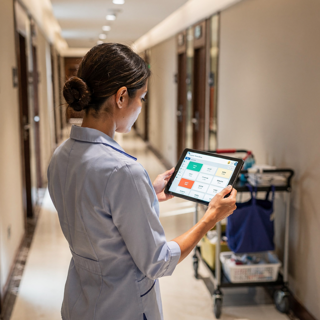 Housekeeping‑Tablet mit KI‑Planungs‑Dashboard